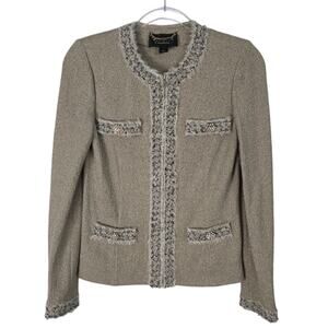 St. John Couture Santana Knit Metallic Tan Blazer Rhinestone Trim Zip Front 4